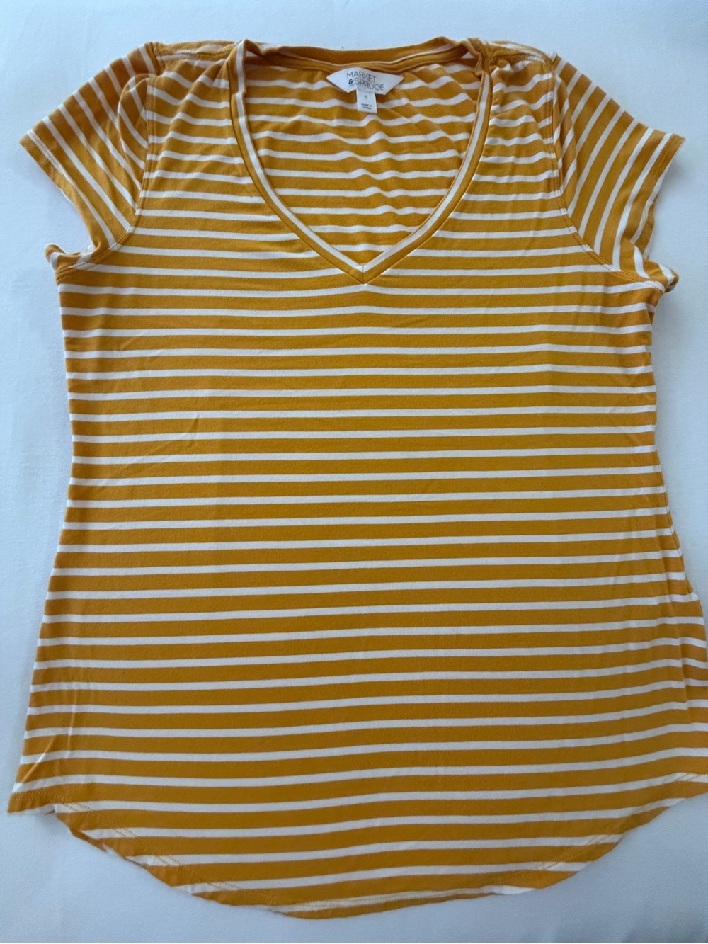Market & Spruce Mustard and White Striped V-Neck Tee